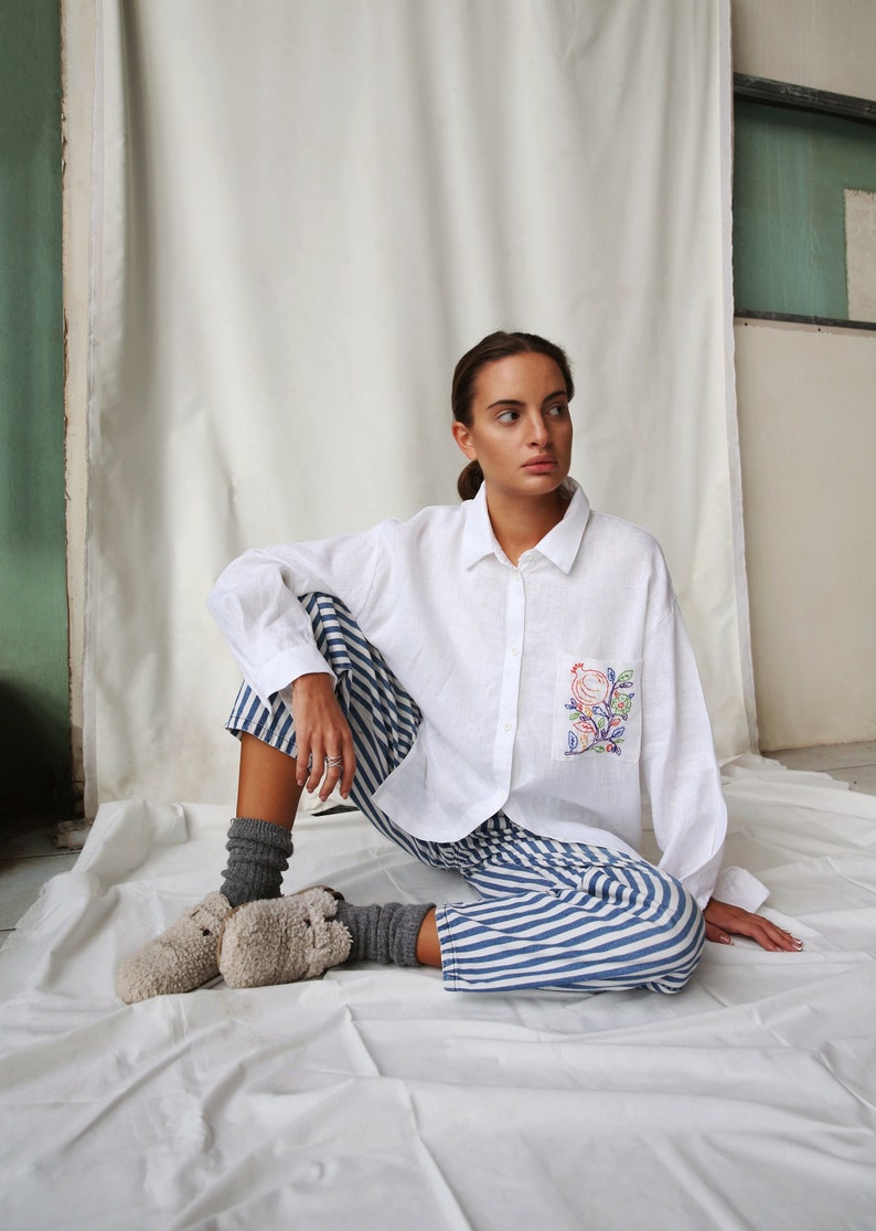 Hand embroidered Linen Oversized shirt in white image 1