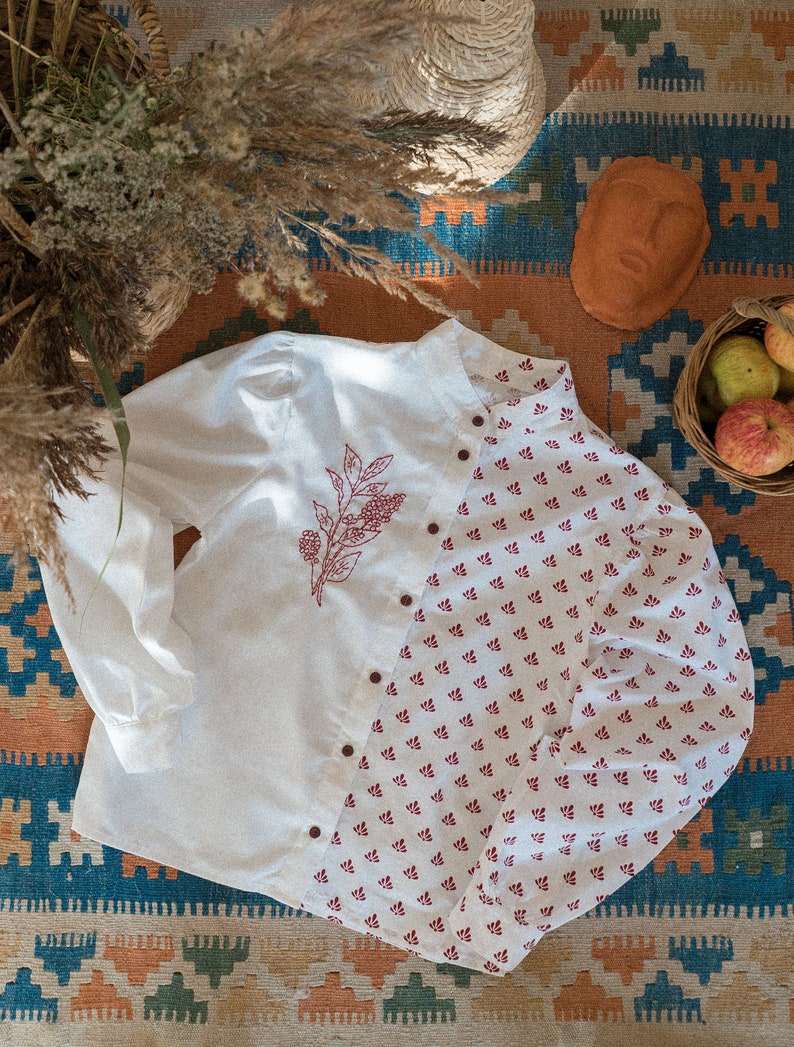 Hand embroidered white and red shirt with puff sleeve image 1