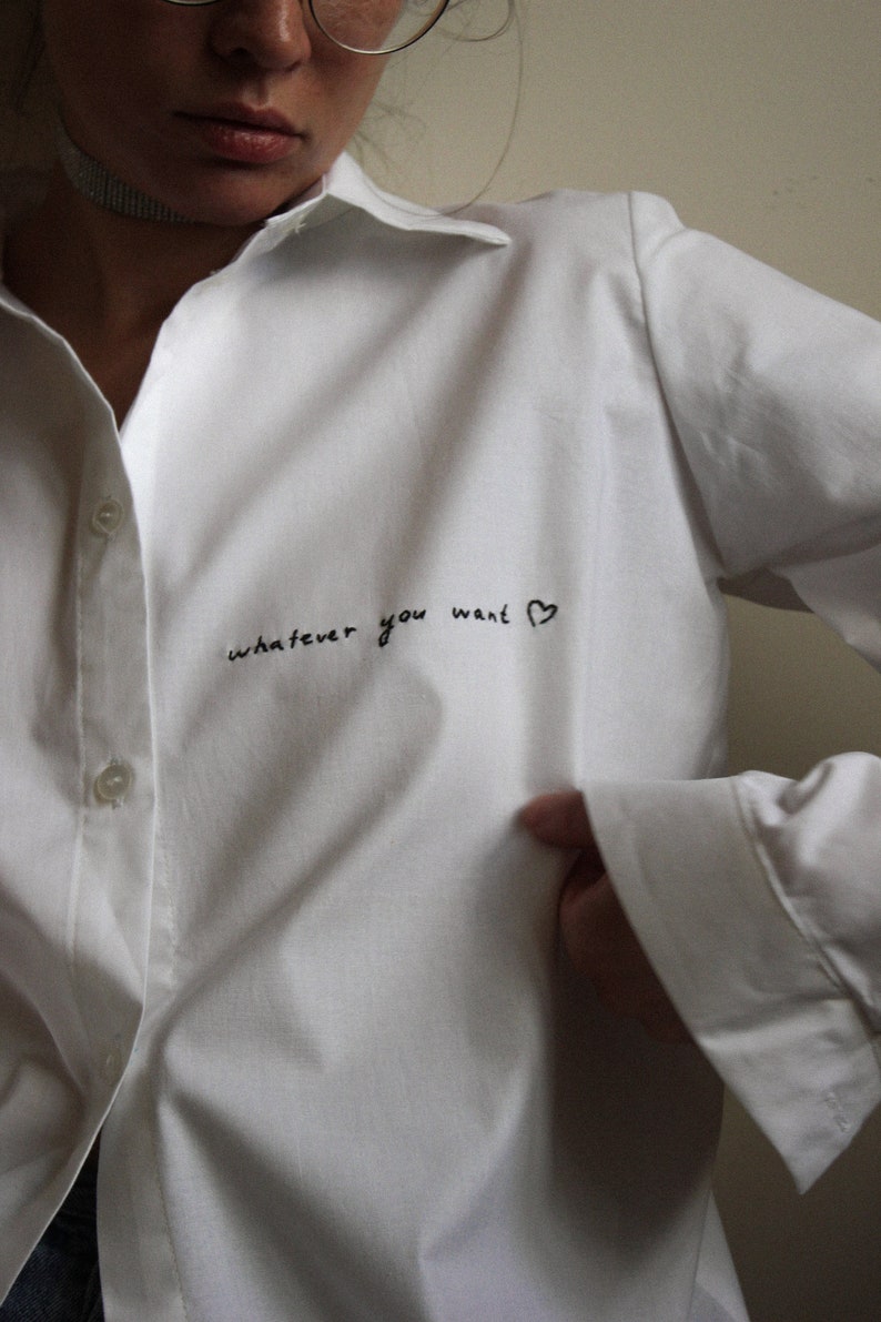 Personalized Hand Embroidered Unisex Shirt in White image 4