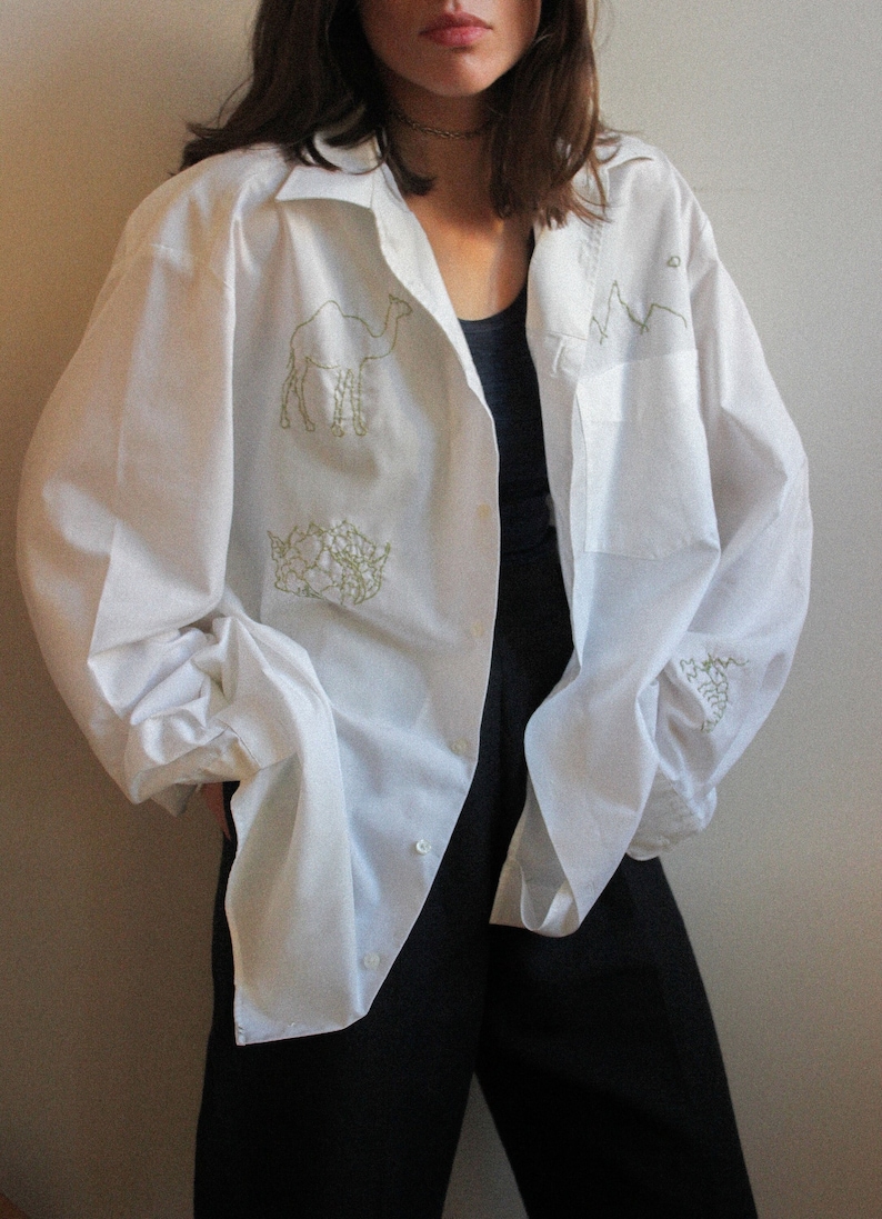 Reworked Vintage Hand Embroidered Unisex Shirt in White image 6