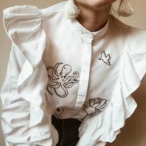 Hand embroidered white cowboy shirt with ruffles image 5