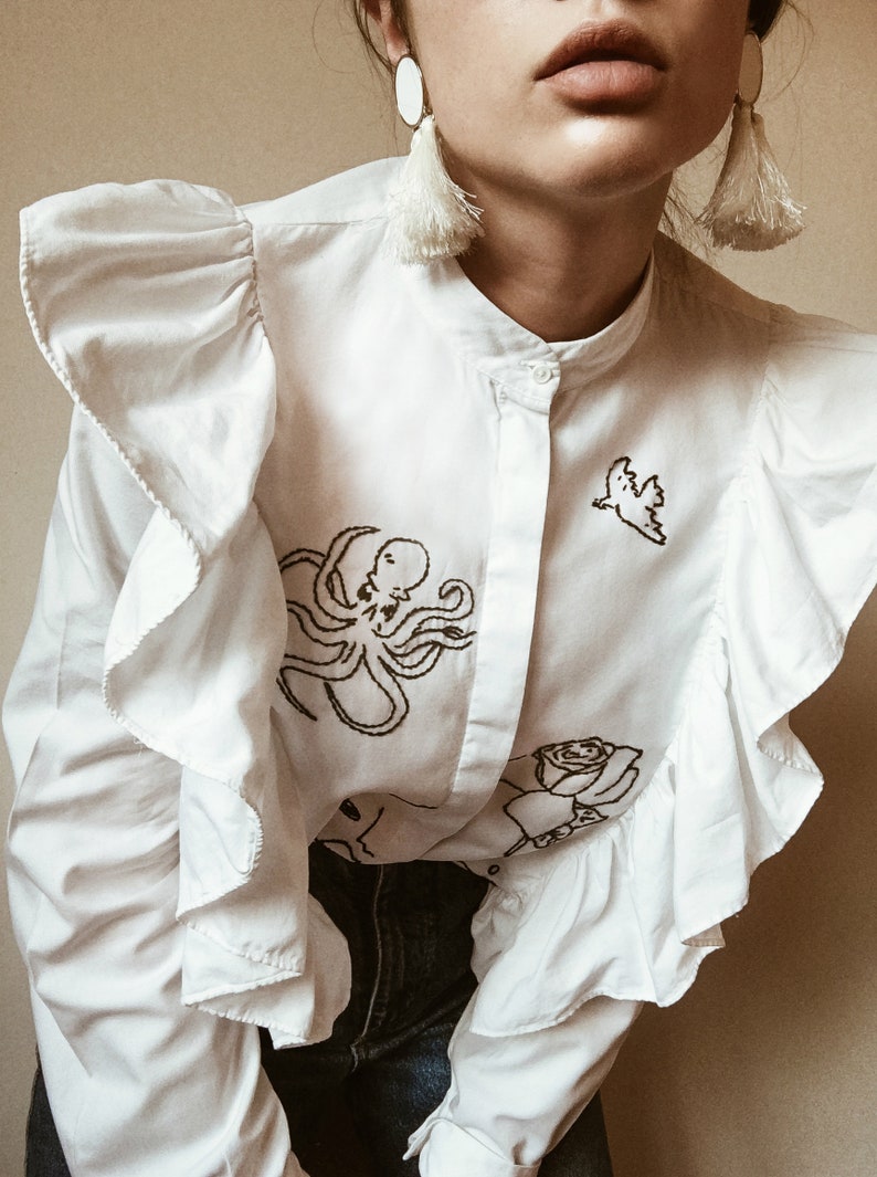 Hand embroidered white cowboy shirt with ruffles image 5