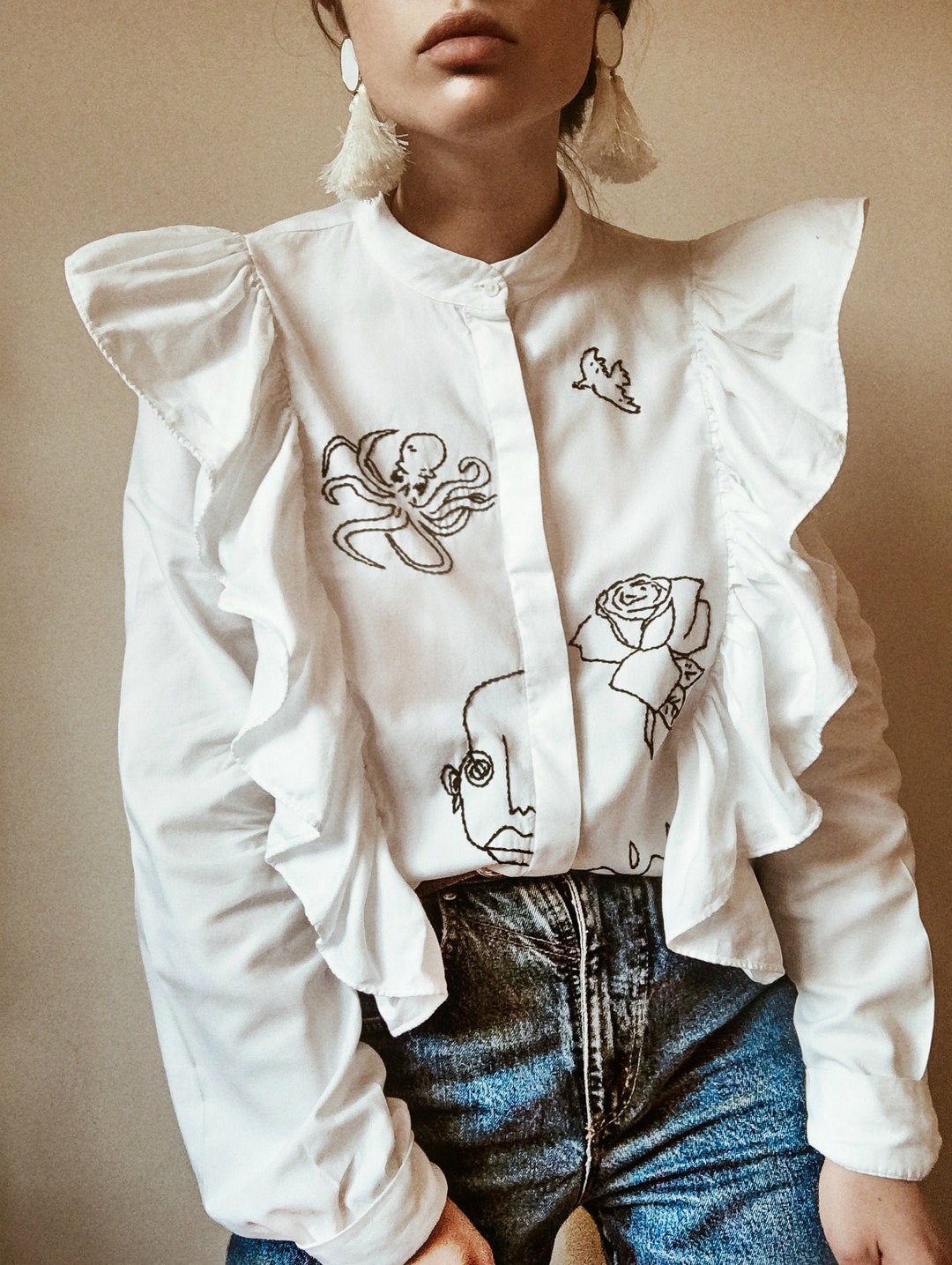 Hand Embroidered White Cowboy Shirt With Ruffles - Etsy