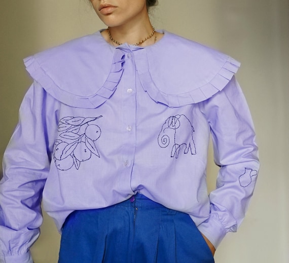 Hand Embroidered Oversized Collar Lilac Blouse - Etsy Hand Embroidered Oversized Collar Lilac Blouse - Etsy