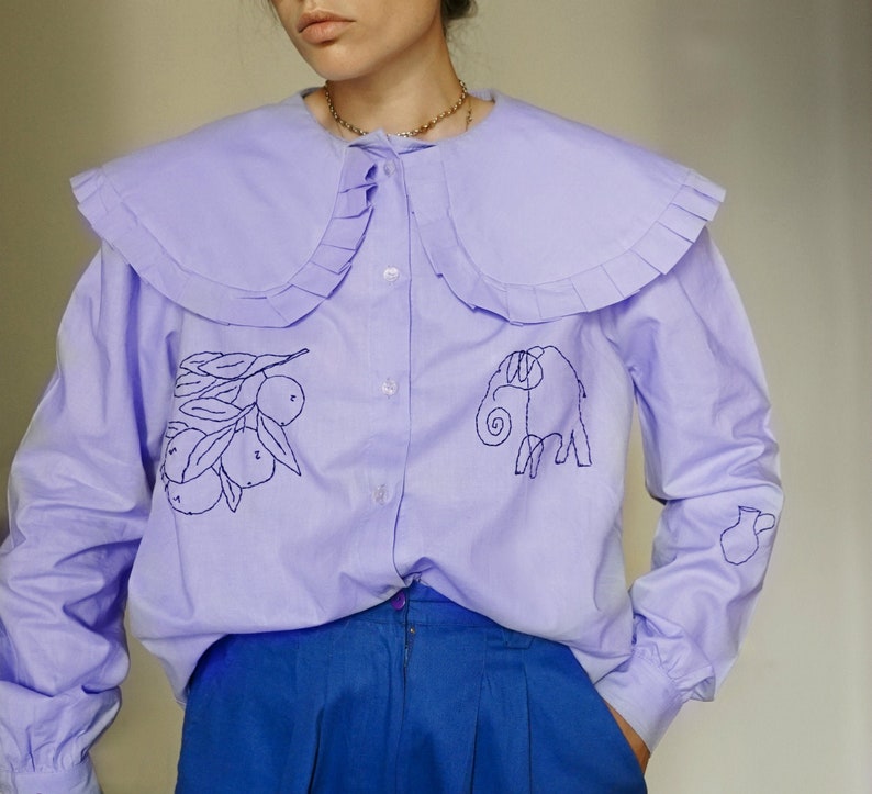 Hand Embroidered Oversized Collar Lilac Blouse image 0