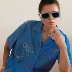 Hand Embroidered &quot;The Big Blue&quot; shirt with short sleeves