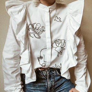 Hand embroidered white cowboy shirt with ruffles image 3