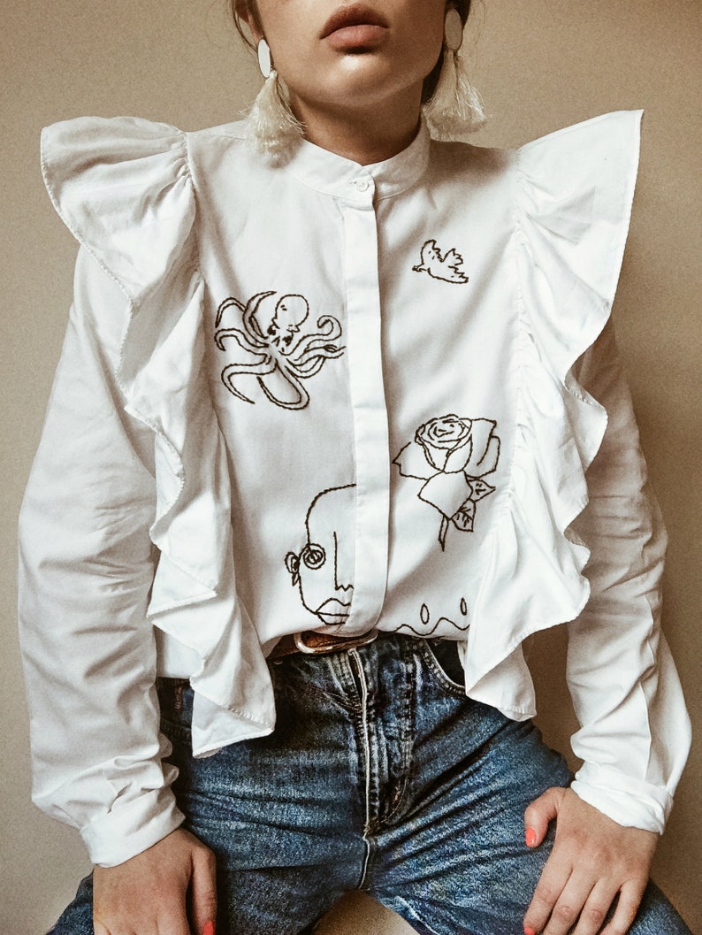 Hand embroidered white cowboy shirt with ruffles image 3