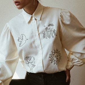 Hand embroidered beige blouse with puff sleeves image 7