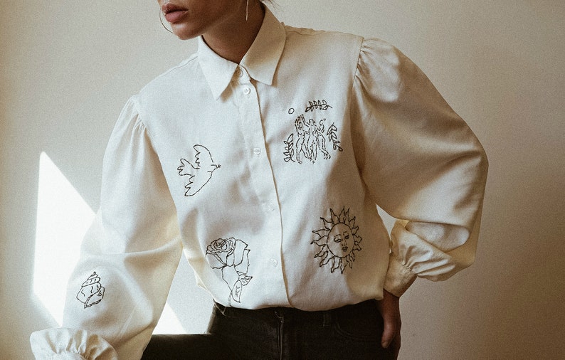 Hand embroidered beige blouse with puff sleeves image 7