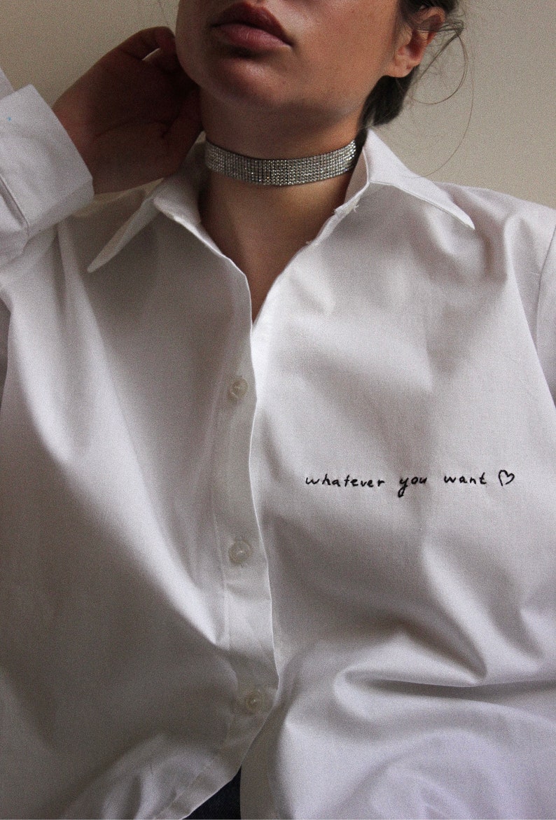 Personalized Hand Embroidered Unisex Shirt in White image 7