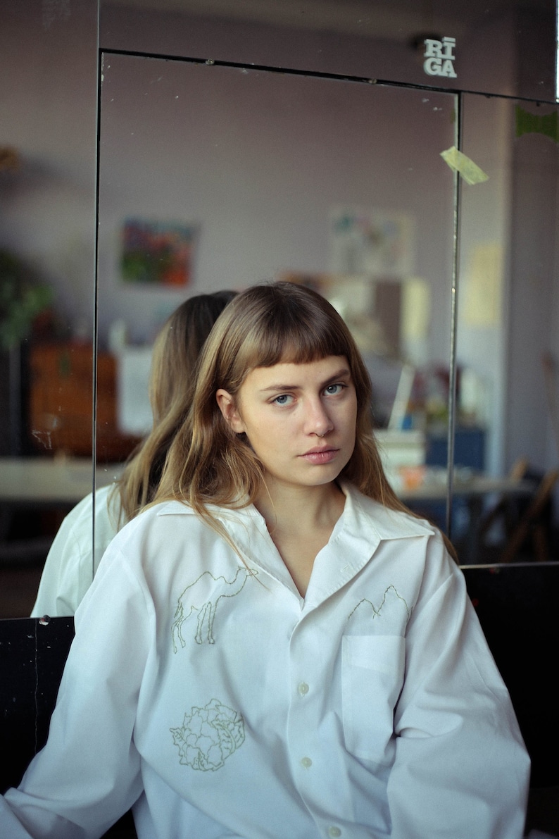 Reworked Vintage Hand Embroidered Unisex Shirt in White image 1