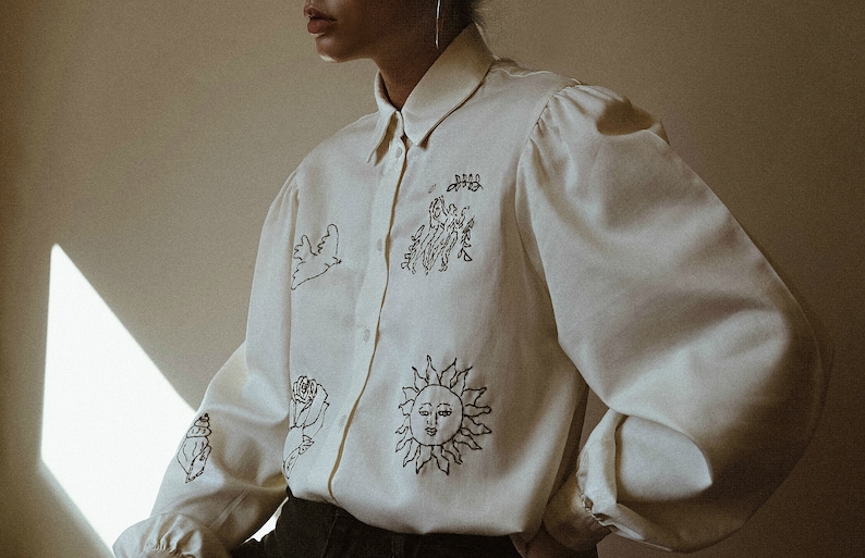 Hand embroidered beige blouse with puff sleeves image 1