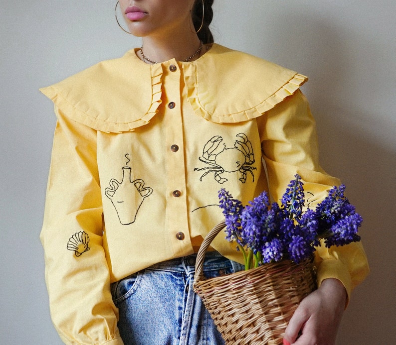 Hand Embroidered Oversized Collar Yellow Shirt image 0