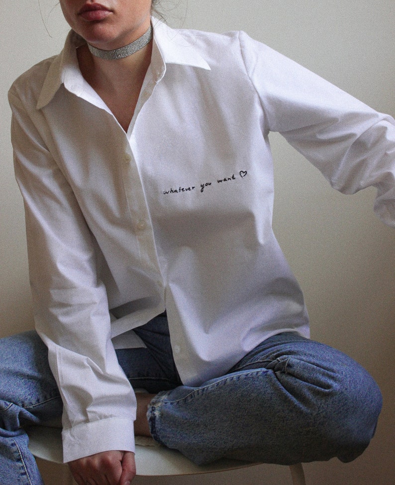 Personalized Hand Embroidered Unisex Shirt in White image 6