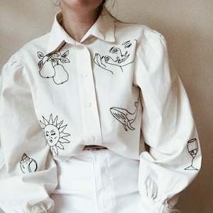 Hand embroidered Oversized beige shirt with puff sleeves image 7