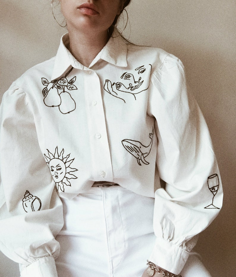 Hand embroidered Oversized beige shirt with puff sleeves image 7