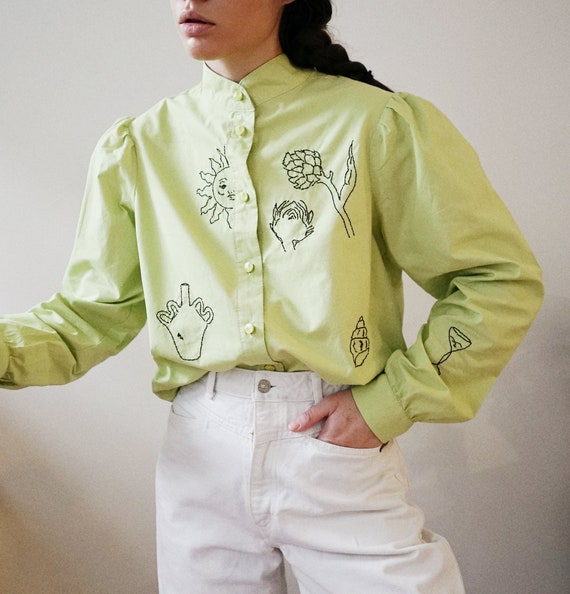 Hand Embroidered Pistachio Green Shirt With Puff Sleeves - Etsy