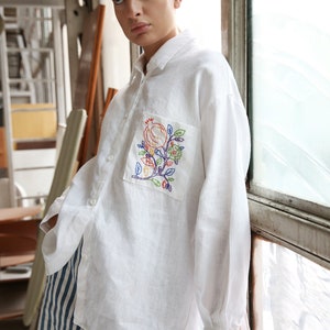 Hand embroidered Linen Oversized shirt in white image 3