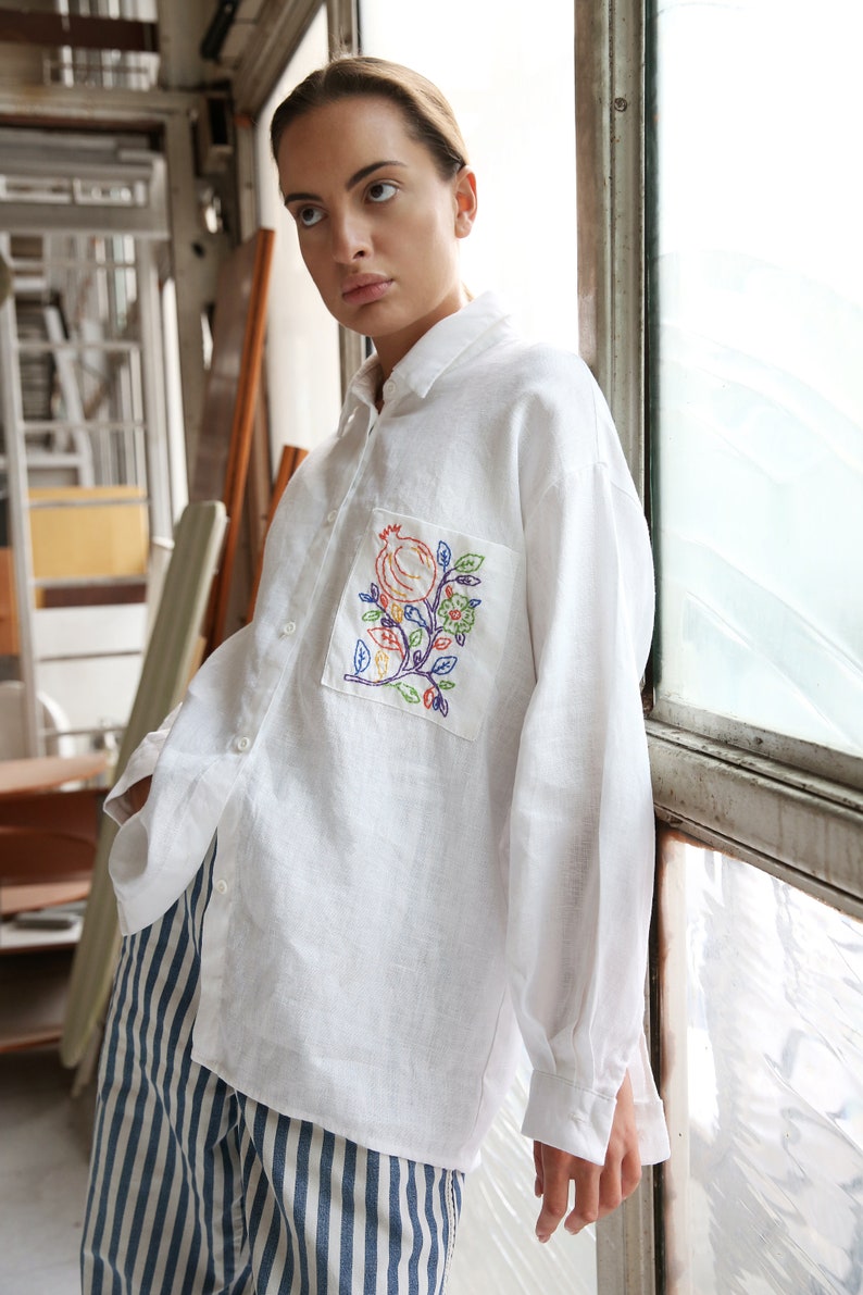 Hand embroidered Linen Oversized shirt in white image 3