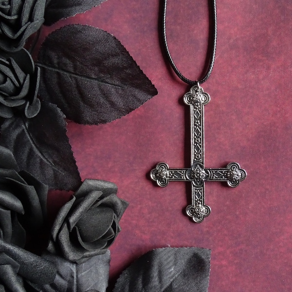 Black necklace with a large inverted cross in antique silver, satanic jewelry, black metal necklace, necklace for Satanists