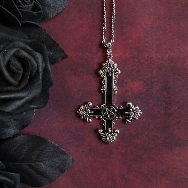 Silver necklace with a large inverted cross in black and silver, satanic jewelry, black metal chain necklace for satanists