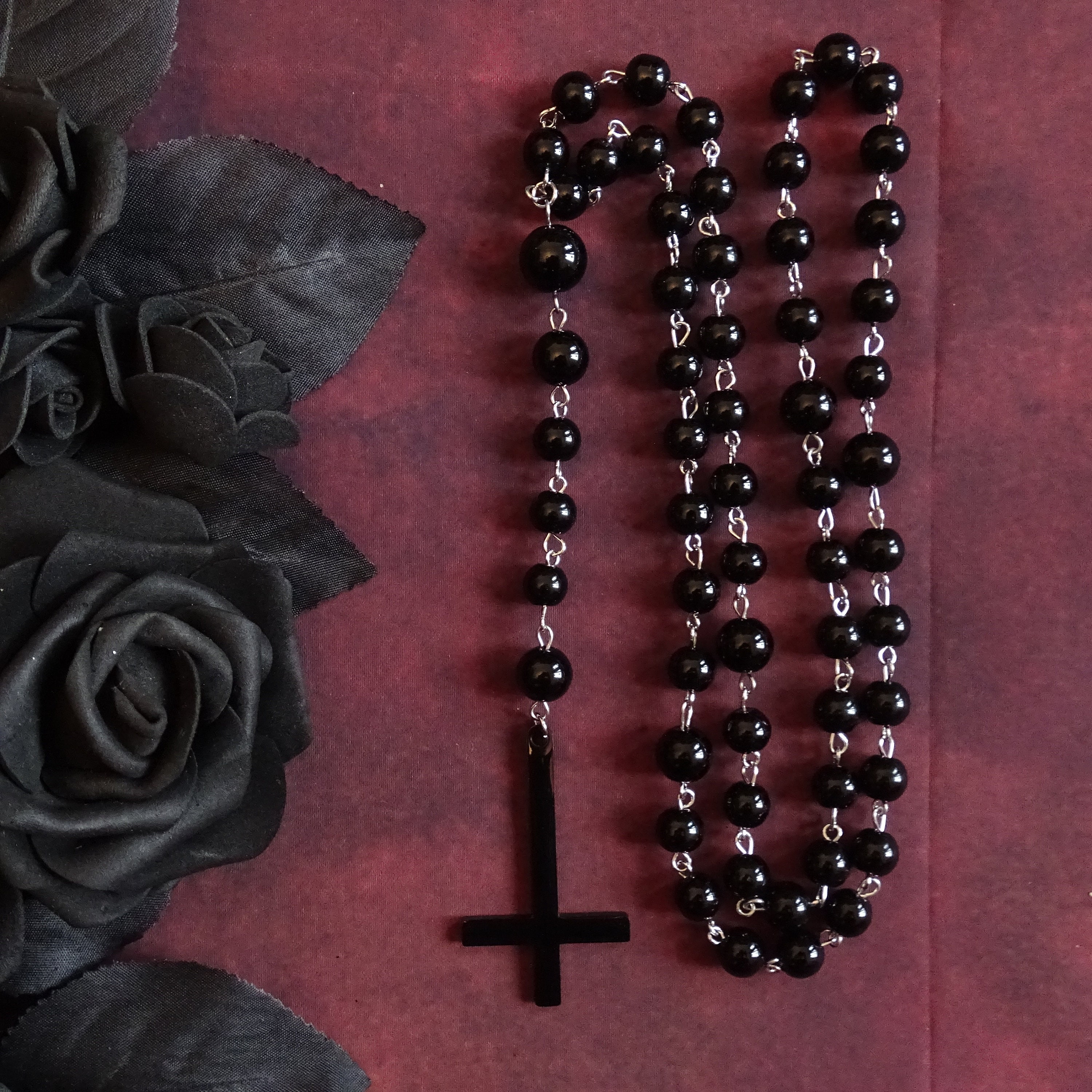 BLACK EDITION Black Rosary With a Black Inverted Cross Made