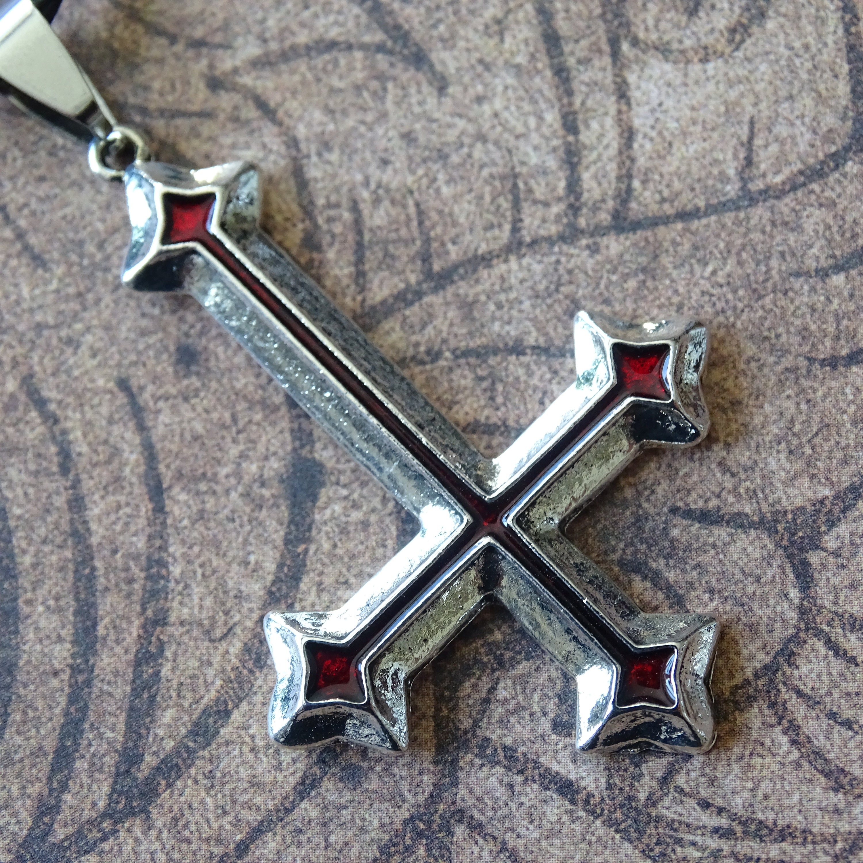 Silver Necklace With an Inverted Cross in Red and Antique Silver ...