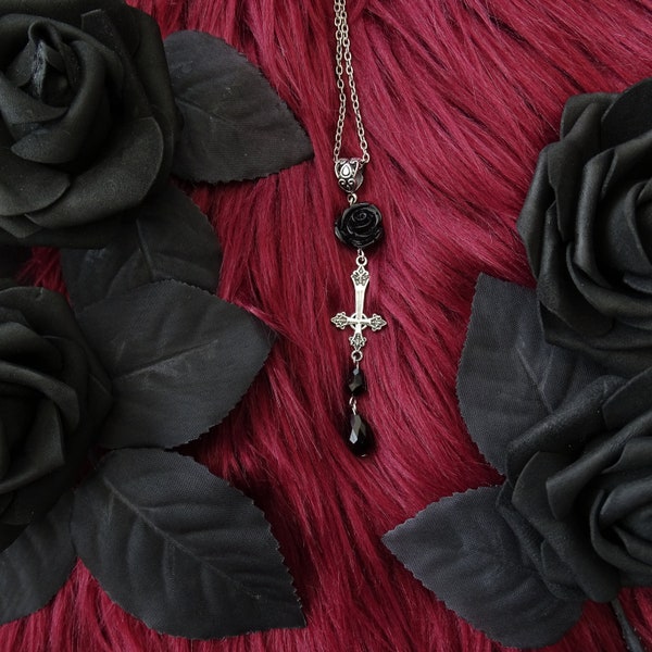 Silver necklace with inverted cross, a black rose and black crystals, satanic jewelry, black metal necklace, gothic