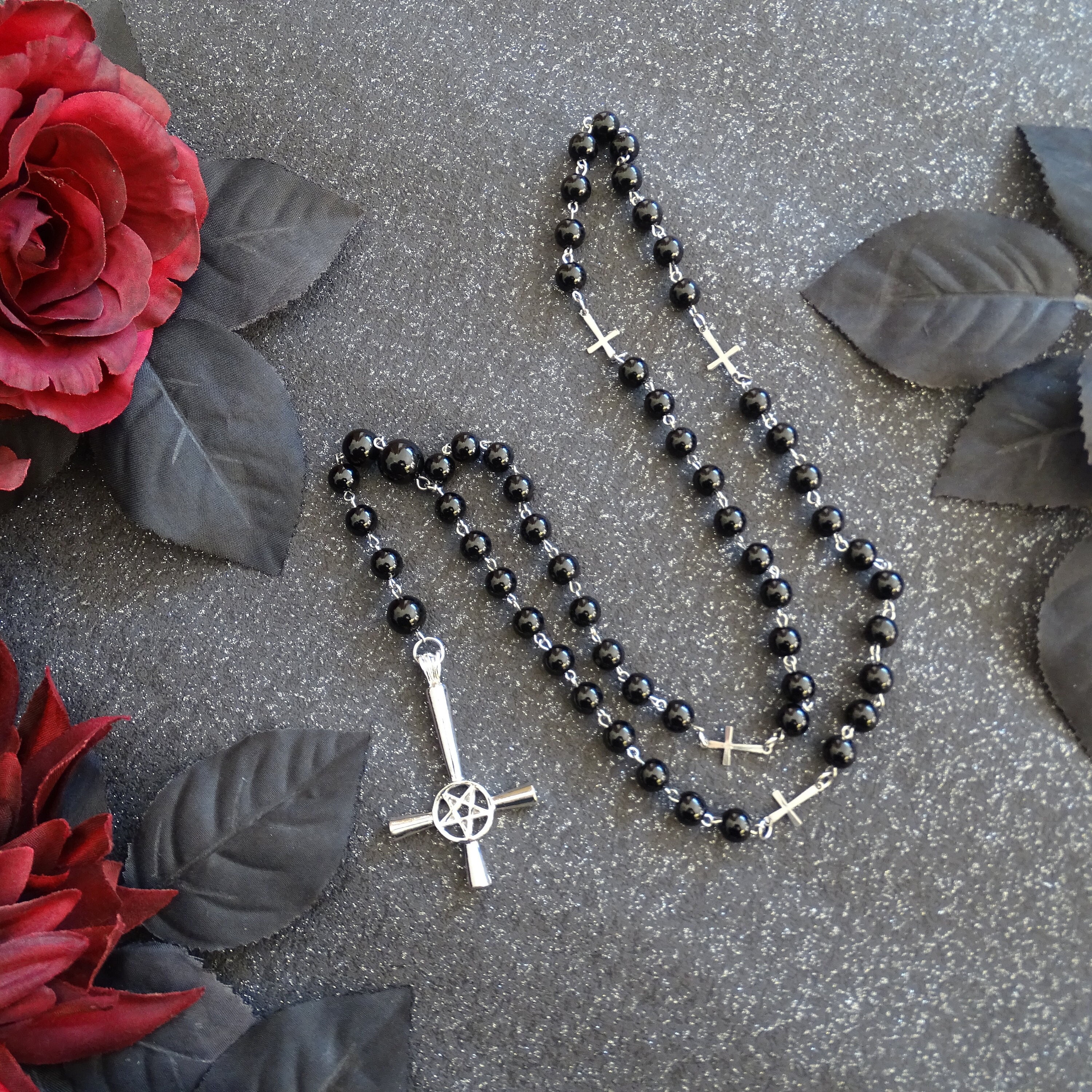 CUSTOMIZABLE Black Rosary With an Inverted Cross and Pentagram