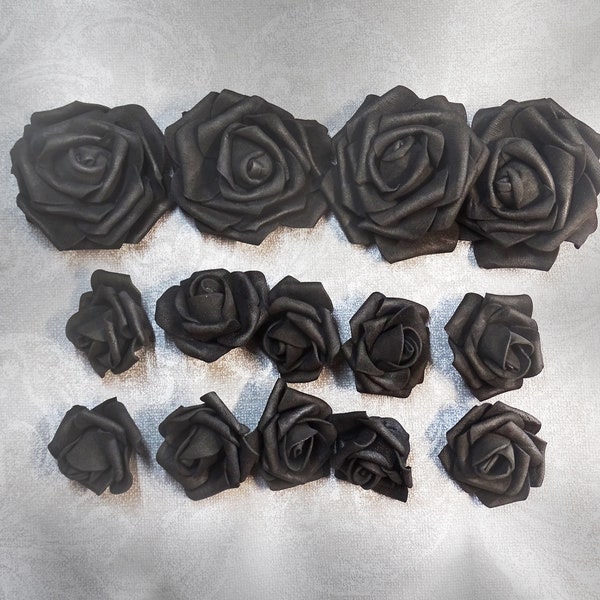 4 große schwarze Rosen und 10 mittlere schwarze Rosen, schwarze Schaumstoff Rosen, künstliche Blumen, für Headpiece, Tiara, Krone, Gothic