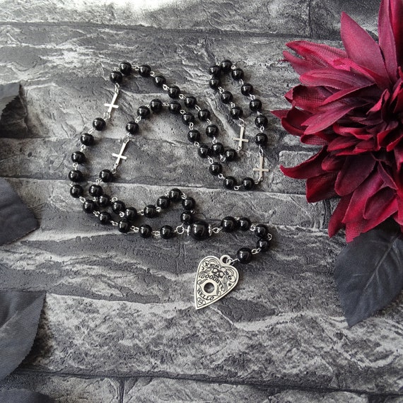 Black Gothic Rosary Inverted Cross Charm Satanic Devil Pendant Necklace  Jewelry