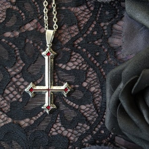Silver necklace with an inverted cross in red and antique silver, satanic jewelry, black metal chain, necklace for satanists