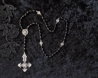 PERSONALIZABLE Black rosary with large inverted cross in black and antique silver and pentagram, satanic jewelry