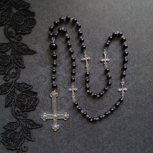 CUSTOMIZABLE Black rosary with a large inverted cross in antique silver, occult necklace, satanic jewelry