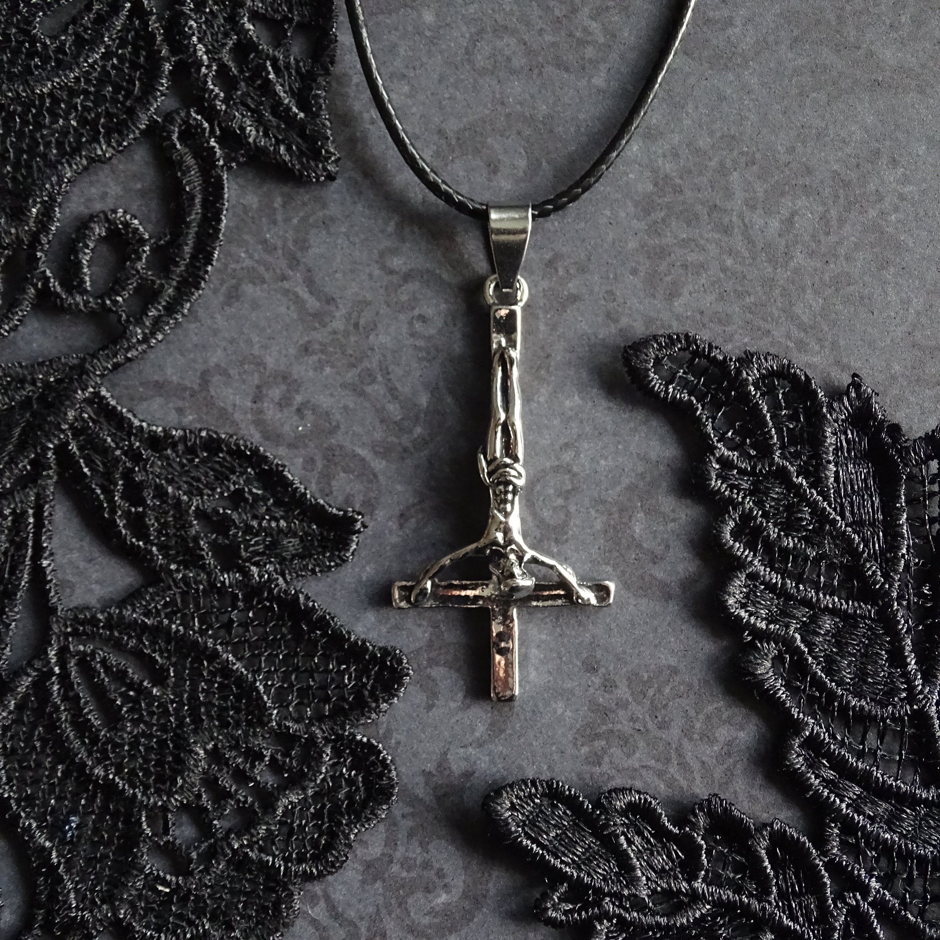 Black Necklace With a Silver Inverted Crucifix, Inverted Cross