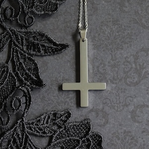 Silver necklace with an inverted cross made of stainless steel, satanic jewelry, black metal chain, antichrist necklace, satan