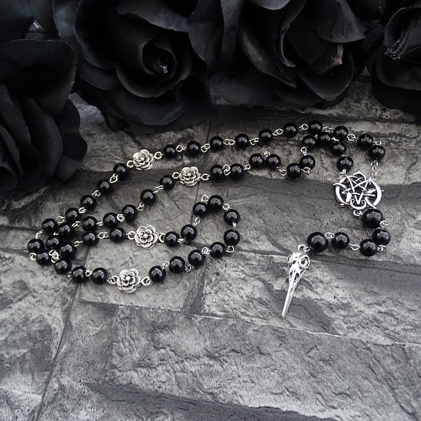 CUSTOMIZABLE Black Rosary with Inverted Pentagram and Raven Skull in Antique Silver Black Chain Gothic Black Magick