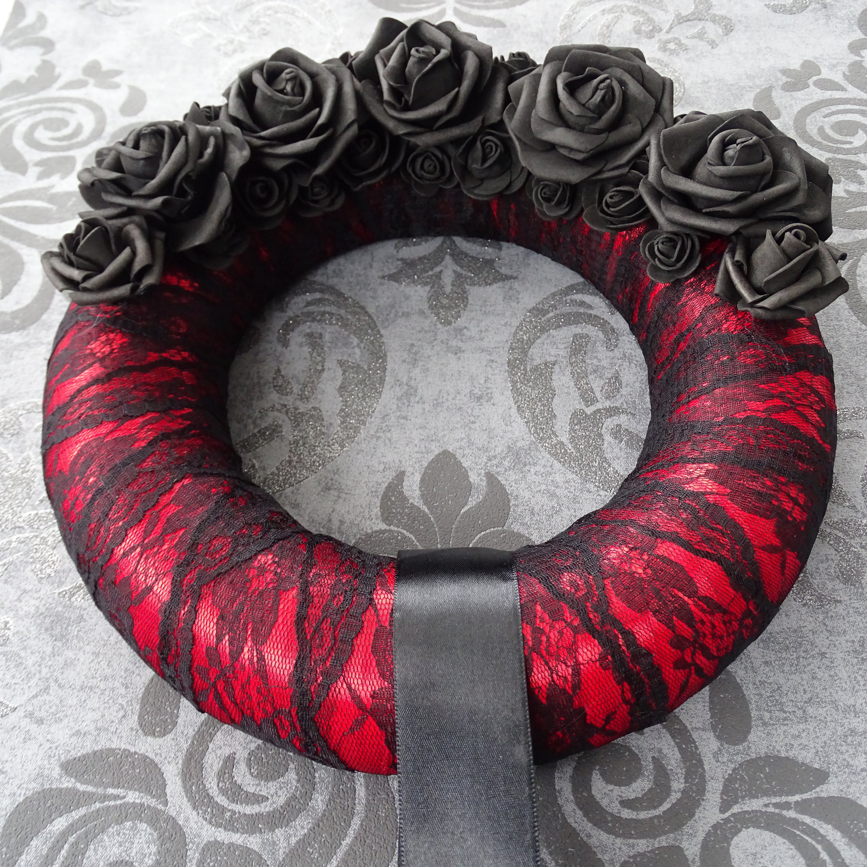 Black and red door wreath with black roses and black lace | Etsy