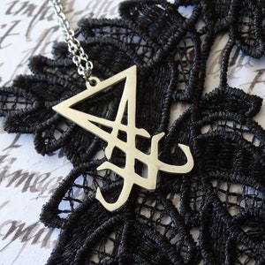 Silver Necklace with a Small Stainless Steel Lucifer Seal Lucifer Cross Satanic Jewelry Black Metal Chain Antichrist Satan