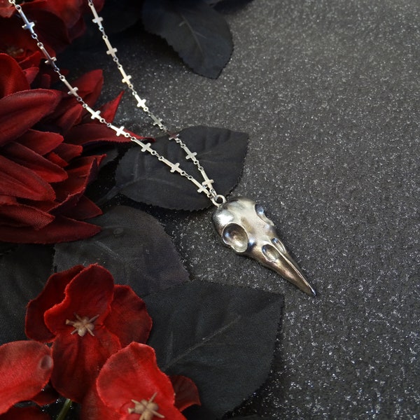 Silver necklace with a raven skull and small inverted crosses, satanic jewelry, black metal necklace, occult necklace