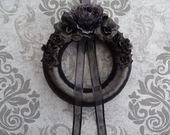 Black Door Wreath With Black Flowers Satin and Organza - Etsy