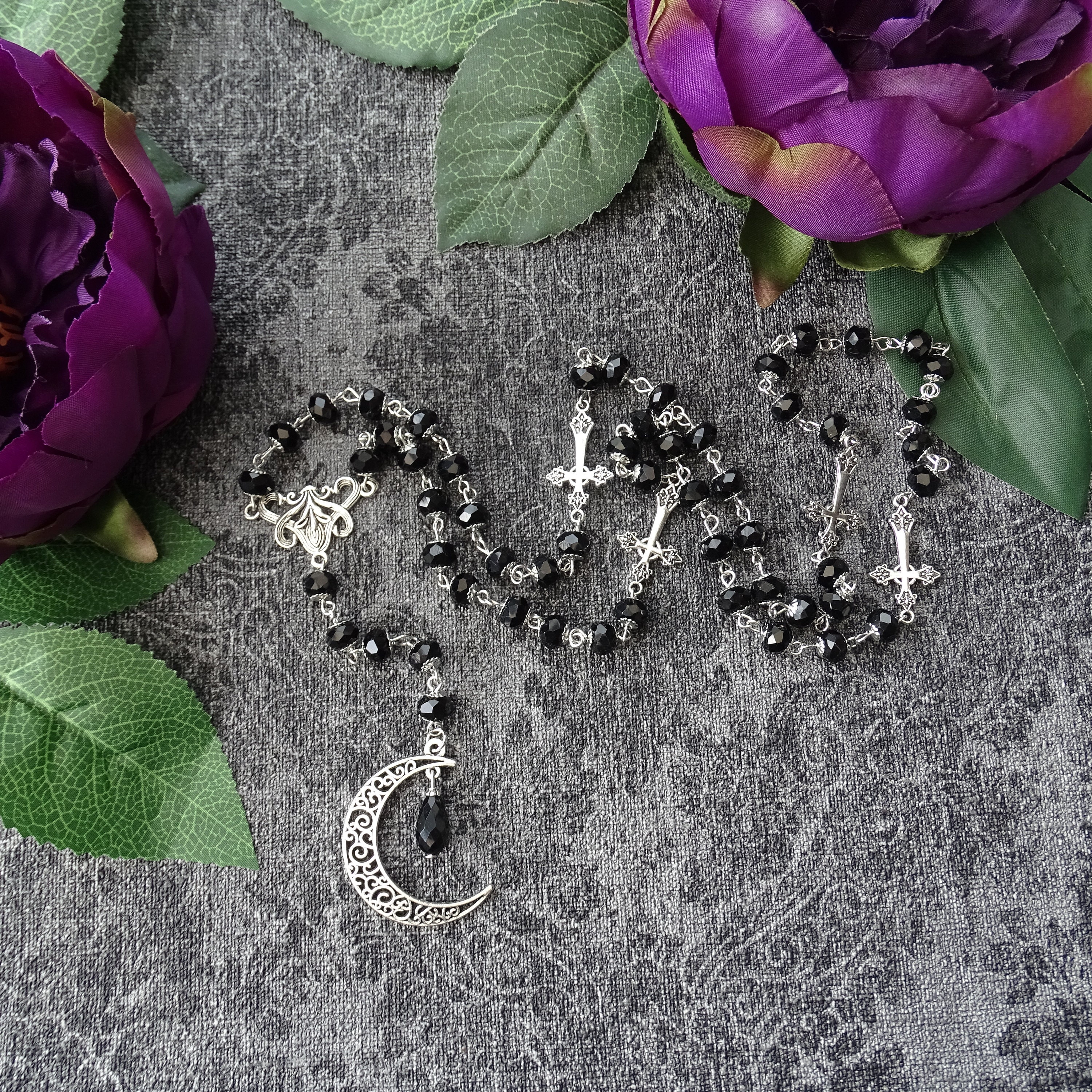 CUSTOMIZABLE Filigree Black Rosary With Moon Pendant