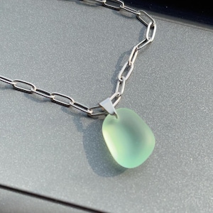 Light Green Sea Glass Necklace: Dainty Silver Paperclip Chain