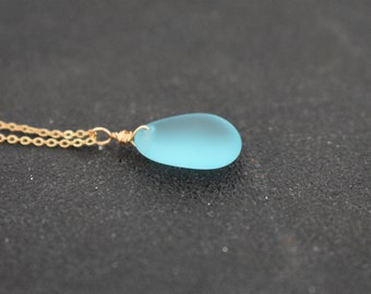 Lake Blue Sea Glass Necklace, Blue Sea Beach Glass Necklace, Seaglass Pendant Beach Jewelry, Dainty Gold Necklace, Beach Wedding Gift