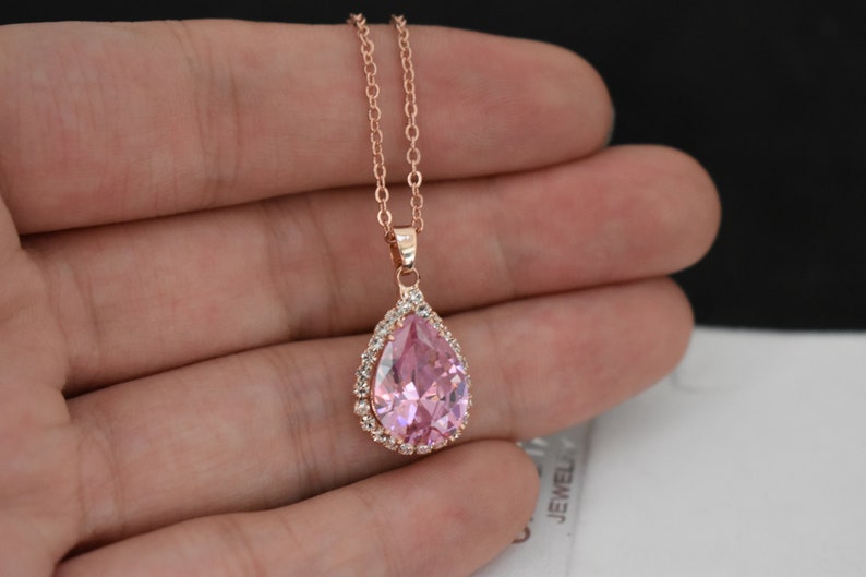 Rose Gold Teardrop Necklace Pink Cubic Zirconia Necklace Etsy