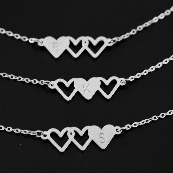 Personalized 3 Initial Heart Necklace, Gold Plated Stainless Steel Friend Jewelry