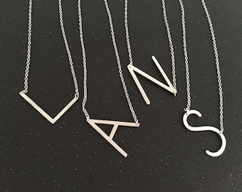 Large Silver Initial Necklace, Oversized Letter Necklace, Alphabet Sideways Initial Necklace, Women Jewelry, Mother day gift, gift for her