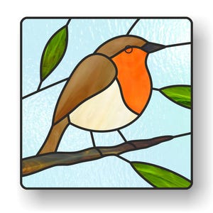 Patrón de pájaro petirrojo de vidrieras, archivo PDF digital, decoración de tapices para ventanas