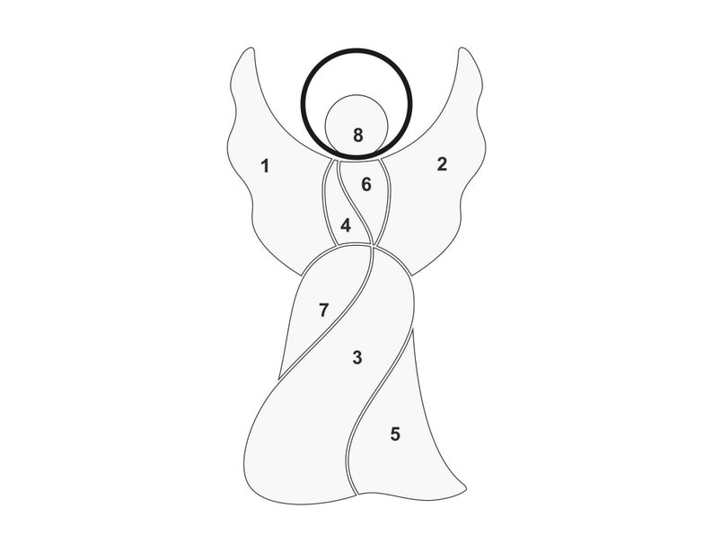 May include: A stylized angel illustration with a halo and wings. The angel is segmented into numbered sections, with a simple, clean design. The wings are spread, and the halo is a thick black outline.